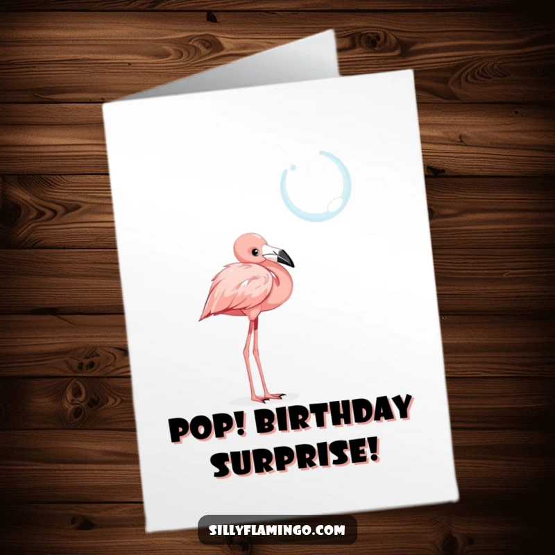 Funny Free Printable Birthday Card: A curious flamingo tilts its head, observing a shimmering floating bubble.