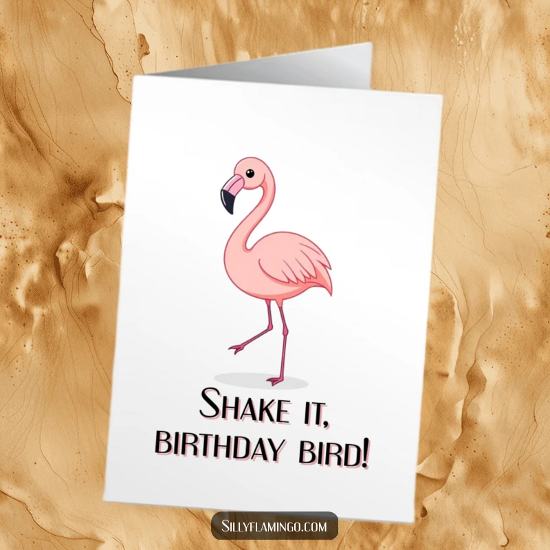 Funny Free Printable Birthday Card featuring a flamingo doing a joyful shimmy dance, spreading birthday cheer