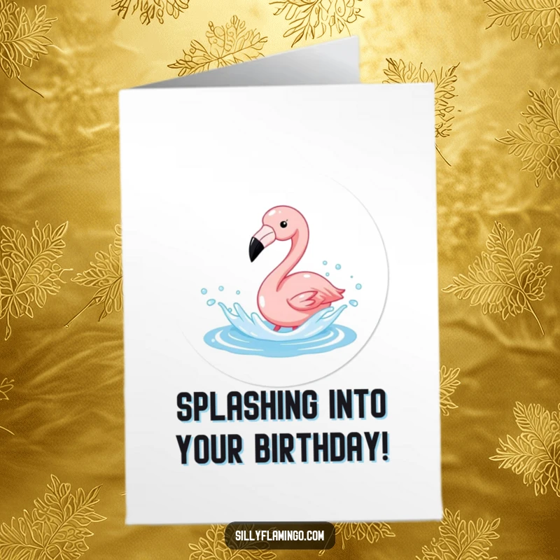 Funny free printable birthday card featuring a flamingo joyfully splashing in sparkling water, celebrating with vibrant energy.
