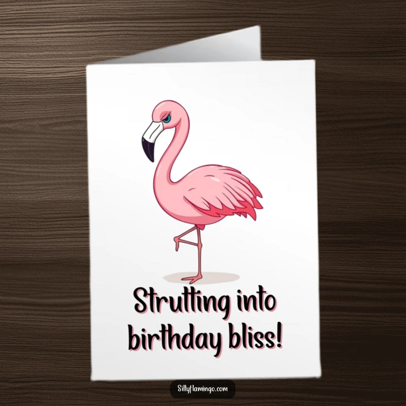 Free Printable Birthday Card: A sassy flamingo confidently struts, showing off its personality for a birthday wish.