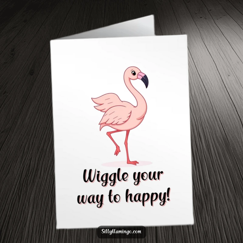Free Printable Birthday Card: Joyful flamingo does a silly wiggle, fanning its feathers in a vibrant, celebratory dance.