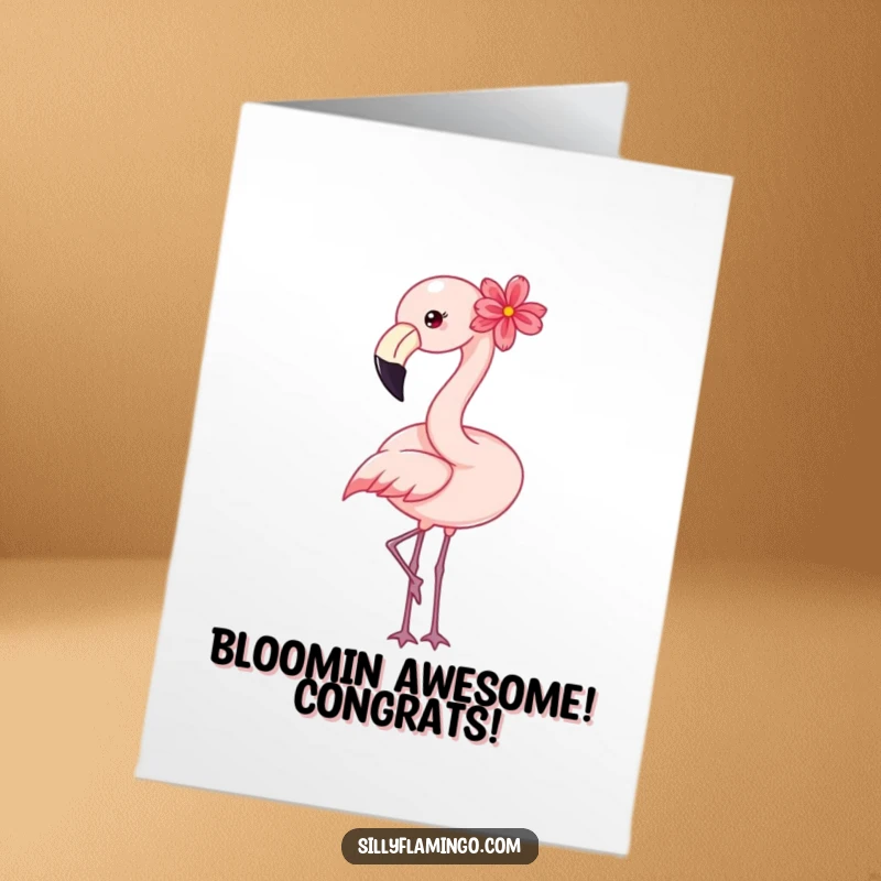 Funny Free Printable Congratulations Card: A happy flamingo with a flower nods its head, celebrating achievements.