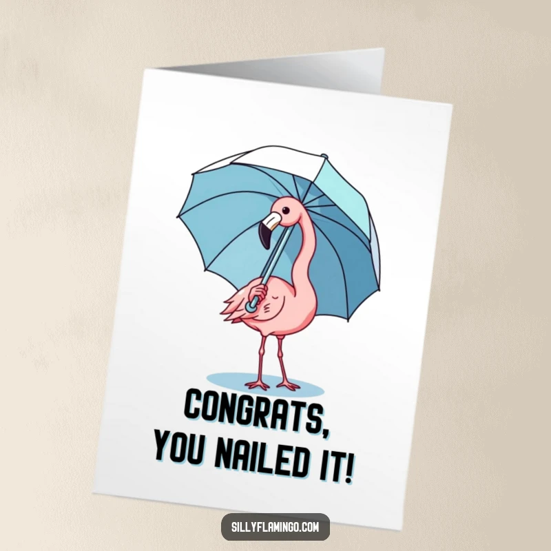 Funny Free Printable Congratulations Card: A kawaii flamingo comically attempting to keep an umbrella balanced on its head.
