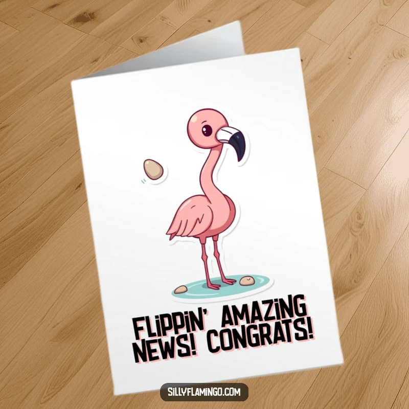 Funny Free Printable Congrats Card: A pink flamingo expertly tossing a shiny pebble with its beak, celebrating a win.