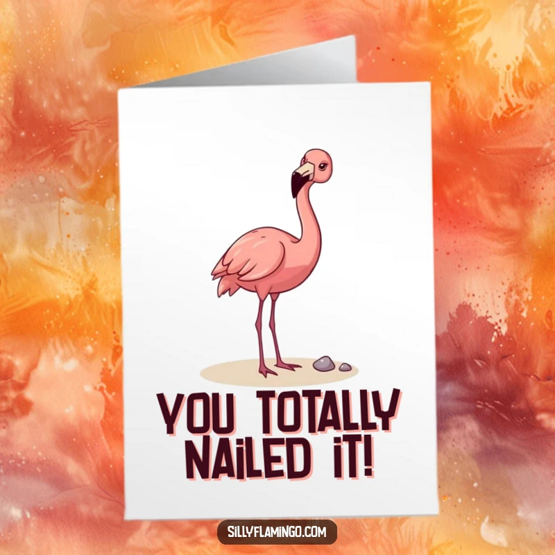 Funny Free Printable Congratulations Card showing a happy flamingo tossing a pebble, celebrating momentous occasions with playful humor.
