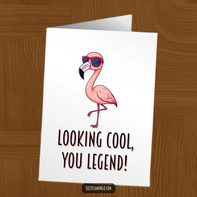 Funny Free Printable Congrats Card: A fashionable pink flamingo sporting tiny sunglasses, striking an effortlessly chic and confident pose.