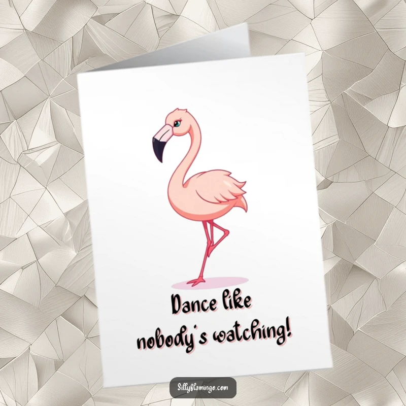 Funny Free Printable Congratulations Card: Flamingo in a silly, exaggerated dance with its beak, pure celebration.