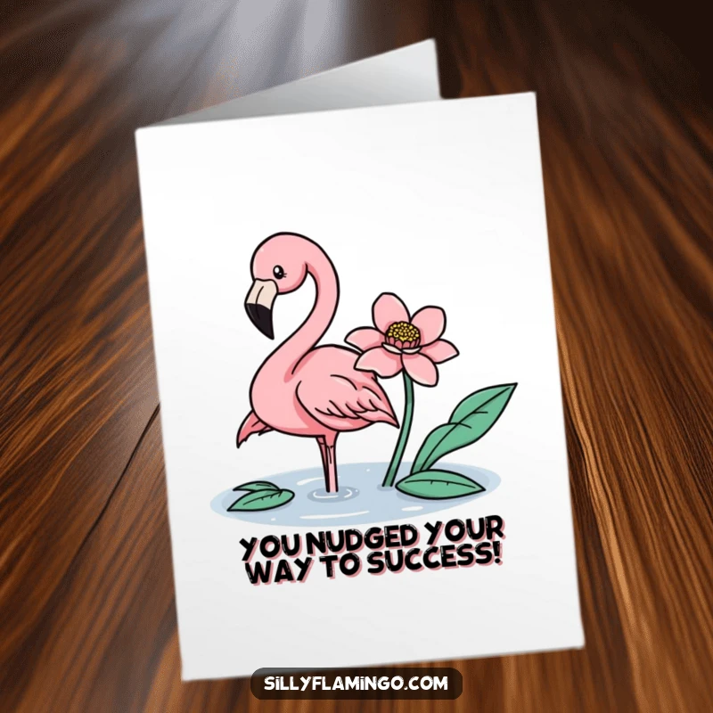 Free Printable Congratulations Card: A flamingo delicately nudging a flower, symbolizing gentle progress. Downloadable celebratory art.