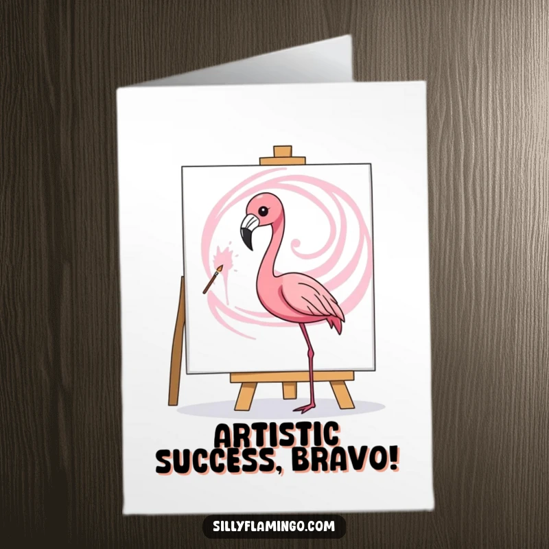 Free Printable Congrats Card: A flamingo artist adds a bold pink swirl to a canvas, celebrating milestones with creativity.