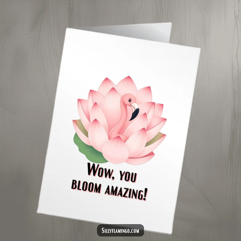 Free Printable Congrats Card: A playful flamingo emerges from behind a giant blooming lotus, celebrating achievement with joy.