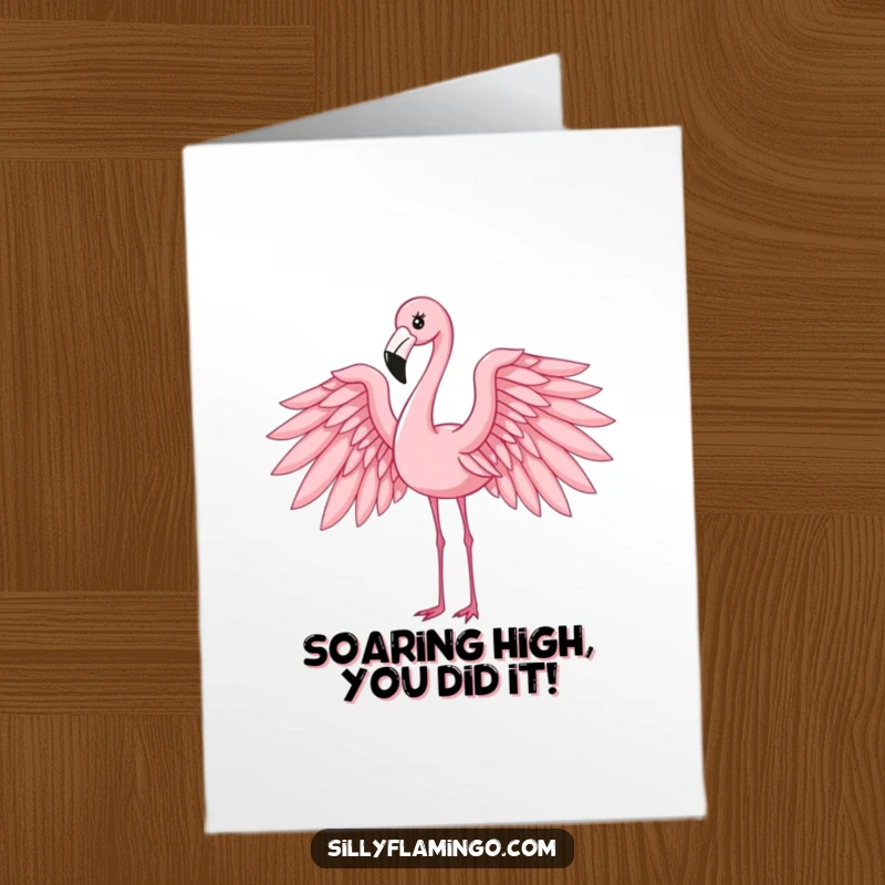 Free Printable Congratulations Card: A flamingo in an elegant pose with outstretched wings celebrates success with style.