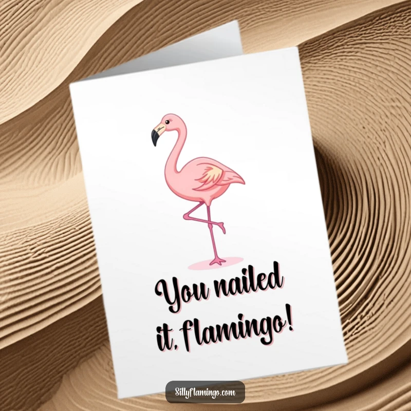 Funny Free Printable Congratulations Card: A cute kawaii flamingo gracefully stretching one leg skyward, embodying poise and success.