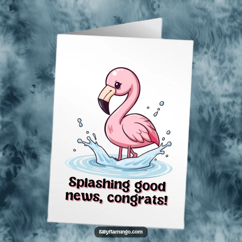 Funny Free Printable Congratulations Card: Kawaii flamingo playfully splashing water with its beak, sending droplets flying, joy.