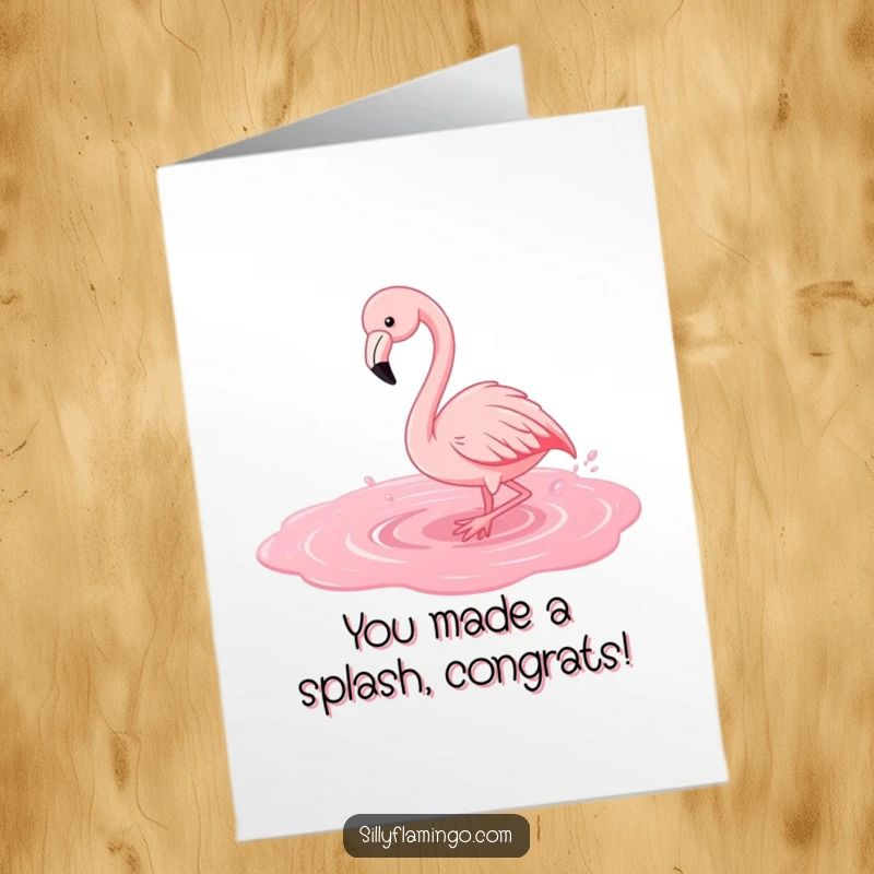 Free Printable Congratulations Card: A flamingo joyfully splashes in pink water, celebrating achievements with playful energy.