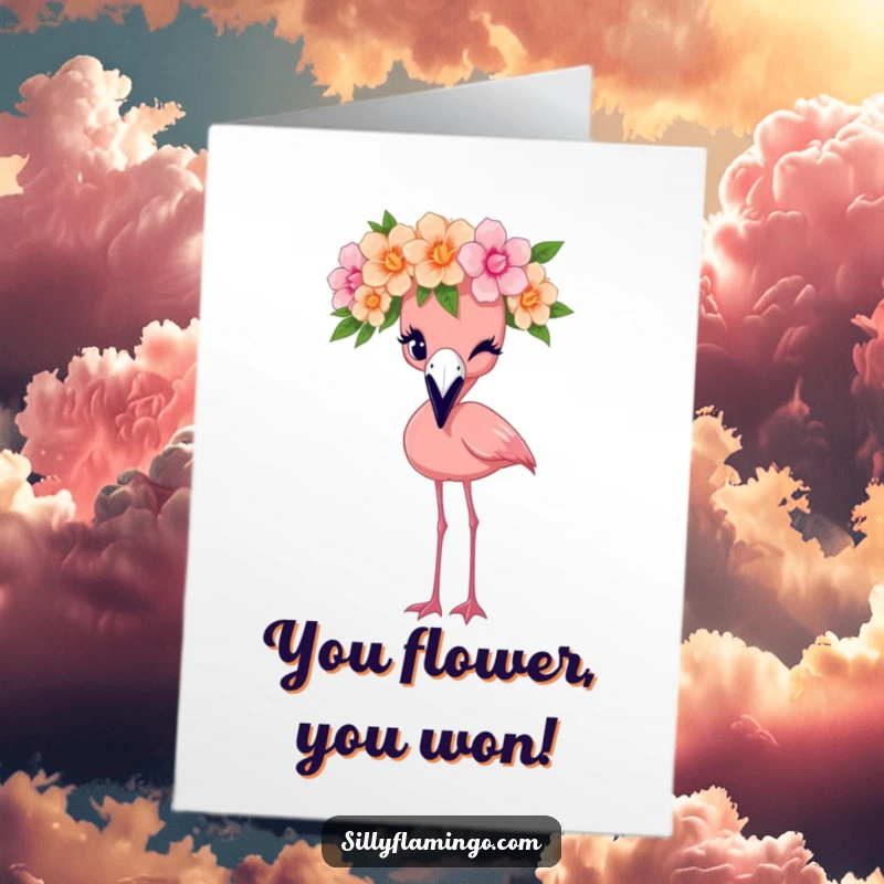 Free Printable Congratulations Card: A flamingo wearing a flower crown gives a knowing wink, celebrating success.
