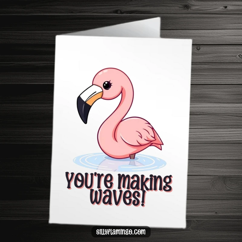 Funny Free Printable Congratulations Card: A happy flamingo with a broad smile dips its beak into the water, symbolizing refreshment and joy.