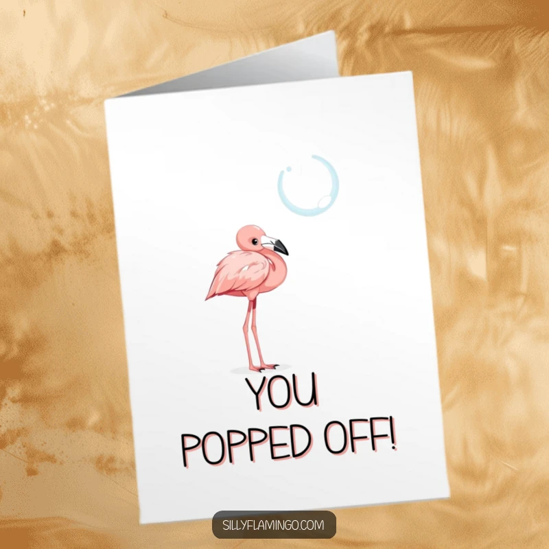 Funny Free Printable Congratulations Card: A curious flamingo with tilted head gazes at a sparkling, floating bubble.