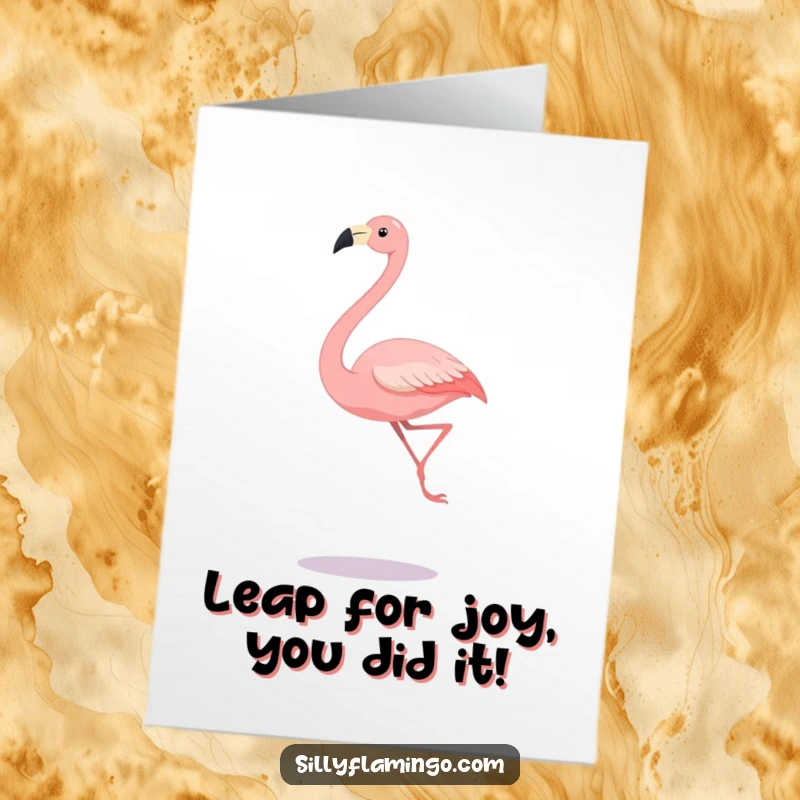 Funny Free Printable Congratulations Card featuring a silly flamingo mid-leap, conveying ecstatic celebration.