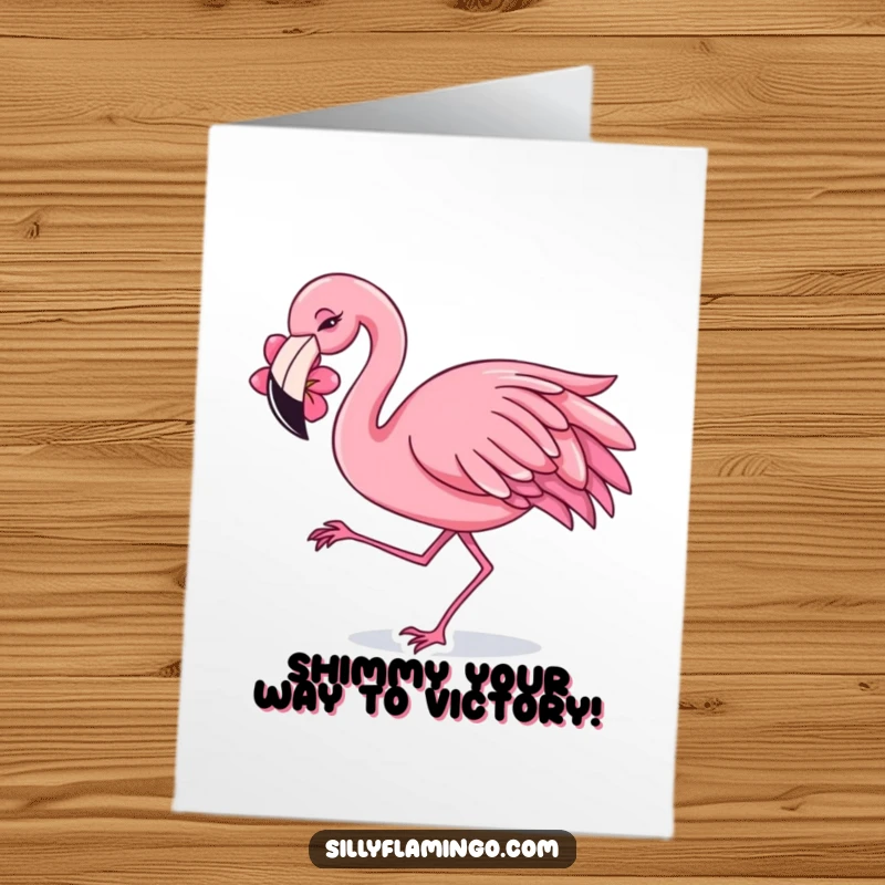 Funny free printable congratulations card showing a flamingo with a flower behind its ear, enthusiastically dancing with a cheerful shimmy.