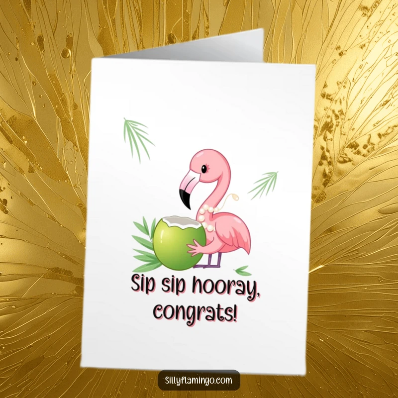 Funny Free Printable Congratulations Card of a sophisticated flamingo in pearls enjoying a coconut drink.