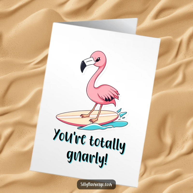 Funny Free Printable Congratulations Card: A flamingo surfs with a mischievous wink, celebrating your awesome achievement.