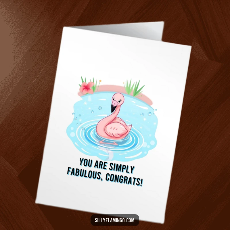 Funny Free Printable Congratulations Card: A flamingo happily splashing in a blue pond, a wet and wild celebration.