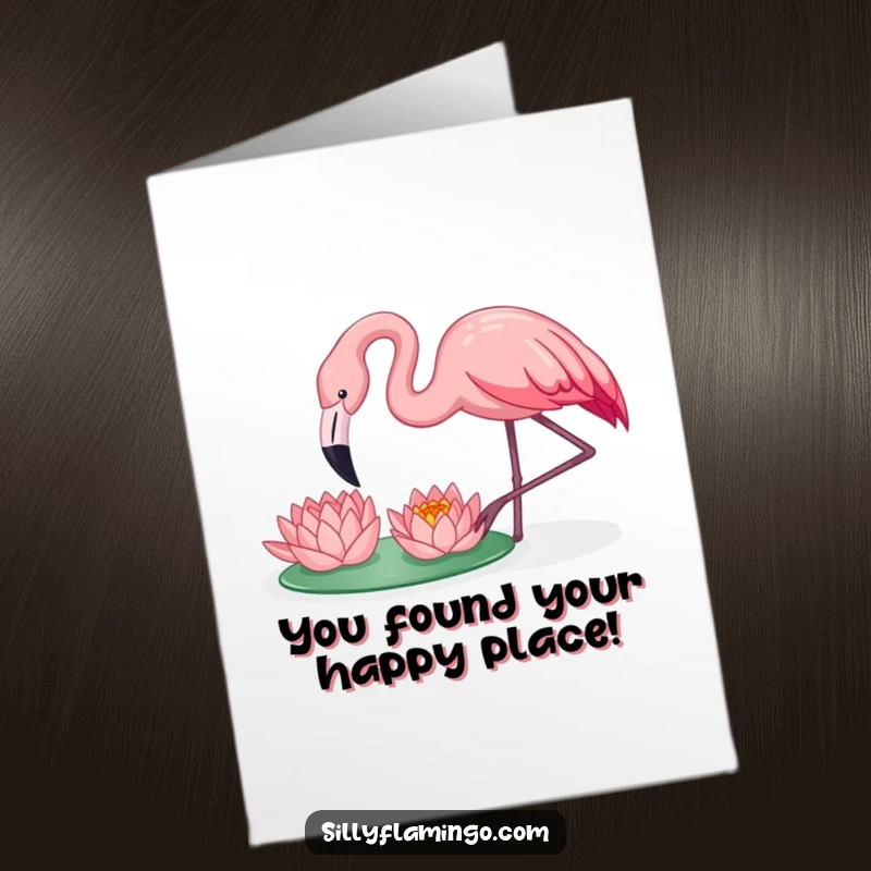 Funny Free Printable Congratulations Card: A flamingo happily pecking at a floating water lily, symbolizing finding joy in success.