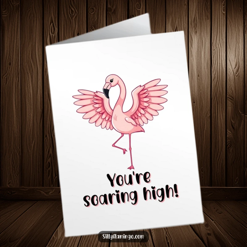 Funny Free Printable Congratulations Card: An elegant flamingo with wings outstretched mid-flap, symbolizing triumphant arrival and achievement.