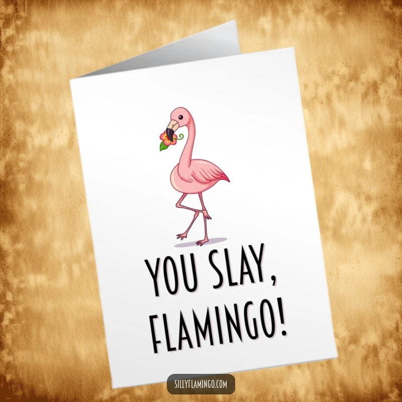Funny Free Printable Congratulations Card: A flamingo proudly struts with a flower in its beak, celebrating success.