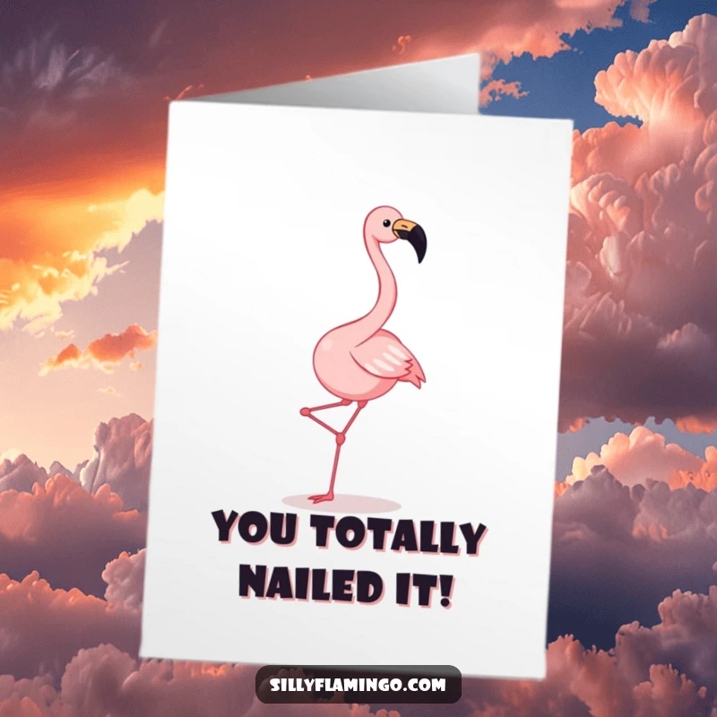 Funny Free Printable Congratulations Card: Ecstatic flamingo energetically kicking its legs in a celebratory dance, beak open in a squawk.