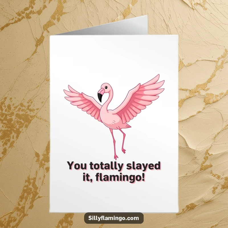 Funny Free Printable Flamingo Congratulations Card: Majestic flamingo soaring through pink sky, celebrating success, downloadable art