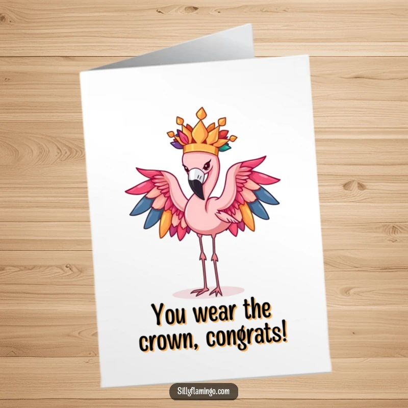 Funny Free Printable Congrats Card: Flamingo sporting a magnificent feather crown strikes a celebratory pose, embodying success.
