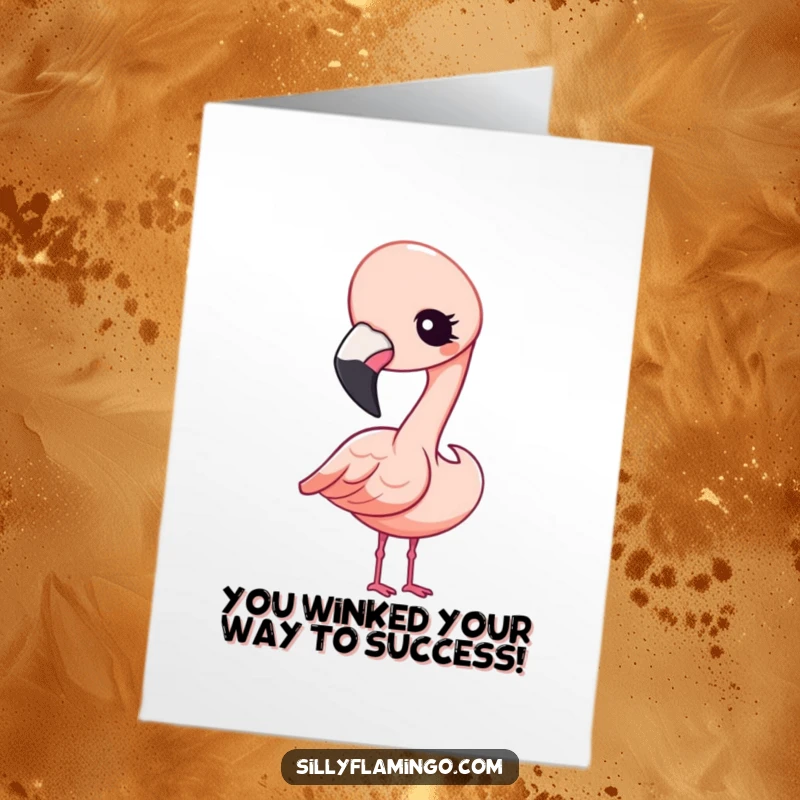 Charming free printable congratulations card featuring a Kawaii flamingo winking curiously with a head tilt, conveying sweet well wishes.