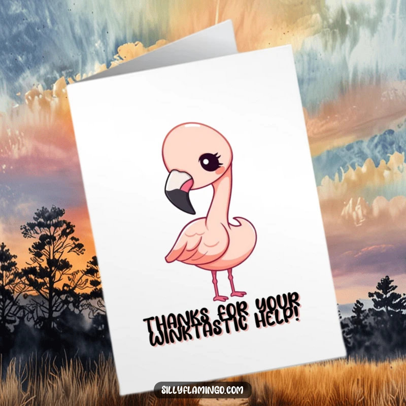Adorable free printable thank you card with a Kawaii flamingo tilting its head and giving a curious, charming wink.