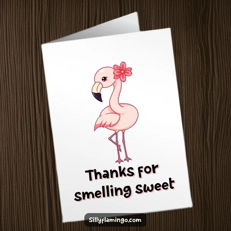 Funny Free Printable Thank You Card: A happy flamingo with a flower tucks its head, expressing thanks.