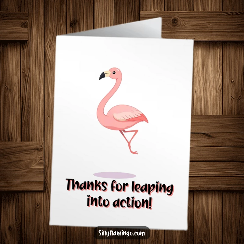 Funny Free Printable Thank You Card of a flamingo gracefully leaping, a comical way to express gratitude.