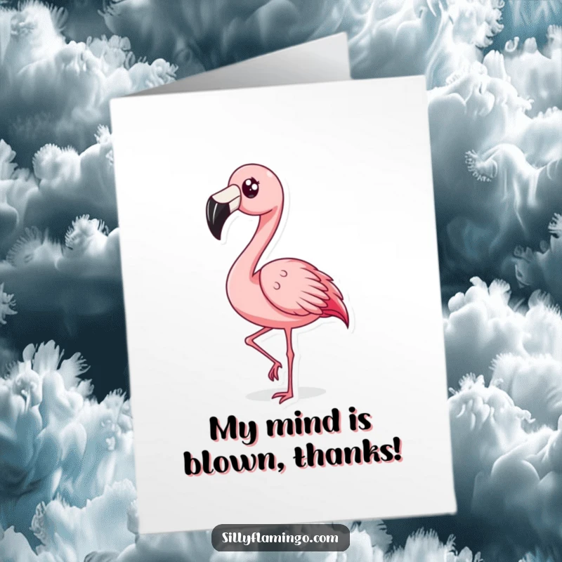 Funny Free Printable Thank You Card with a surprised flamingo rapidly bobbing its head, conveying unexpected thanks.