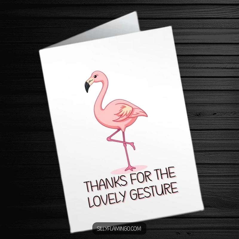 Funny Free Printable Thank You Card: A cute kawaii flamingo gracefully stretching one leg skyward, offering thanks with elegant poise.