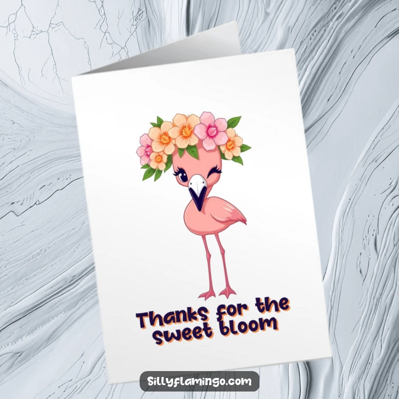 Free Printable Thank You Card: A flamingo with a flower crown winks, adding a playful touch to thanks.