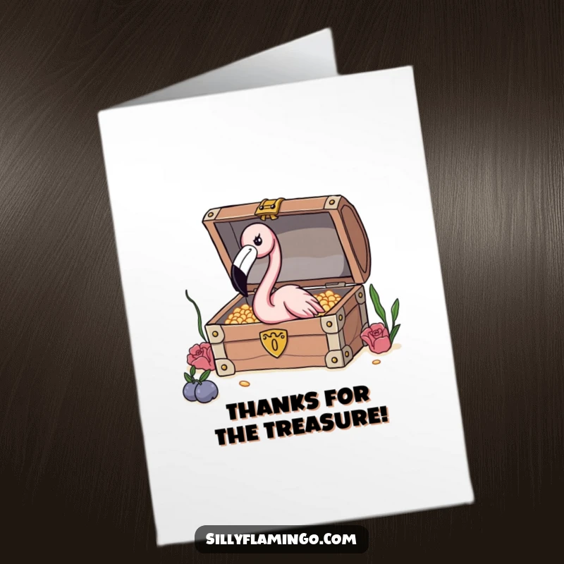 Funny free printable thank you card with a flamingo curiously peeking into a treasure chest, symbolizing gratitude for valuable gifts.