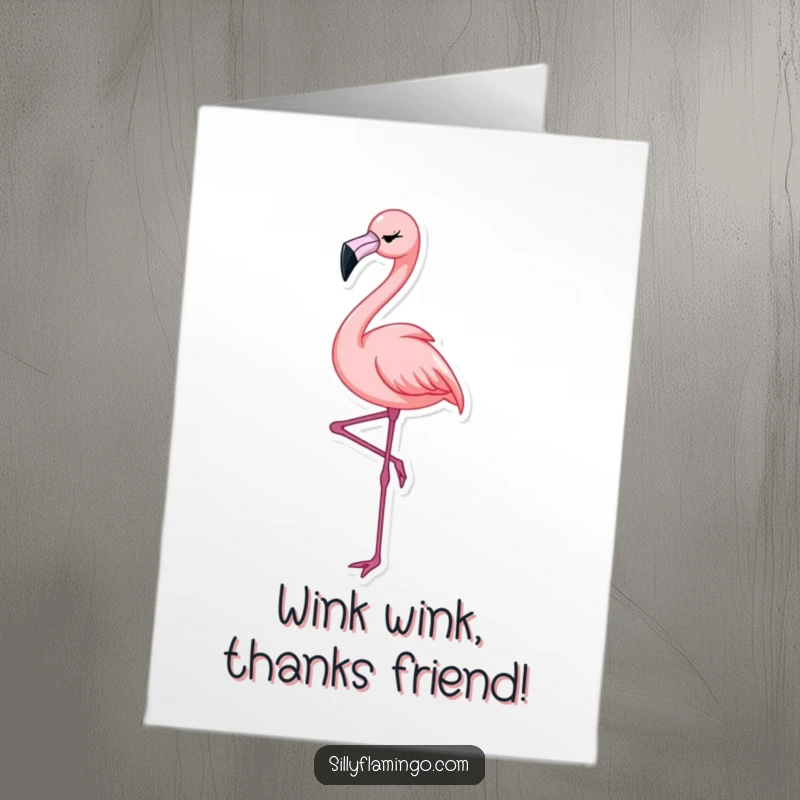 Funny free printable thank you card featuring a flamingo balancing elegantly on one leg, giving a cheerful wink of gratitude.