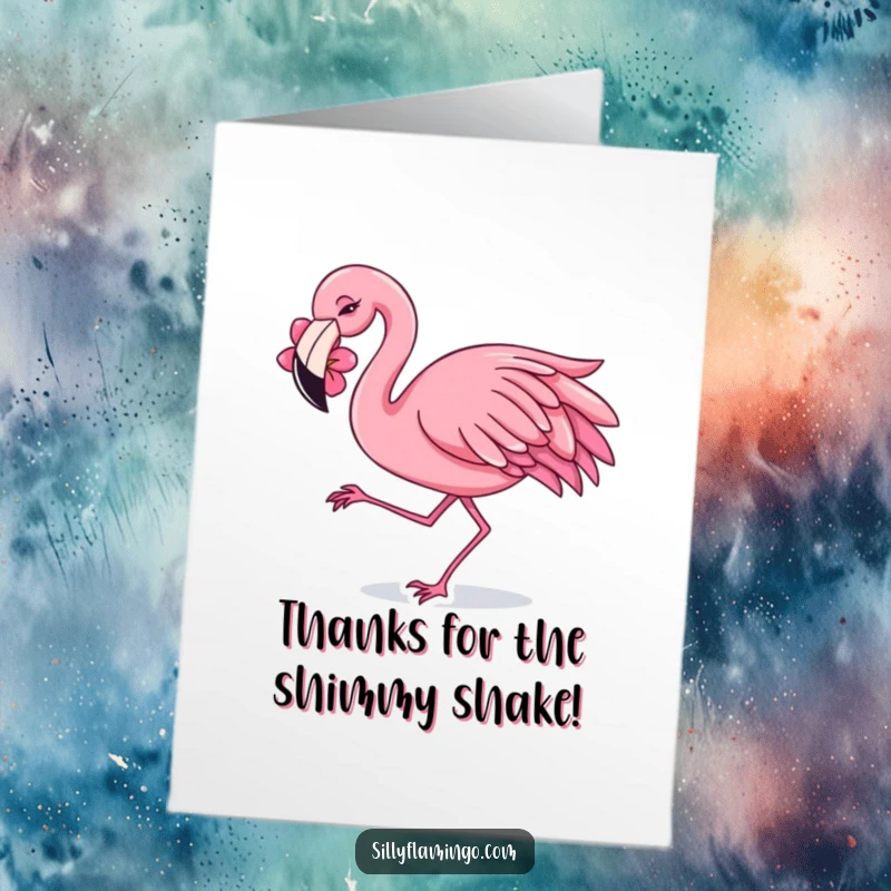 Funny free printable thank you card with a flamingo wearing a flower, dancing with a happy shimmy to express thanks.