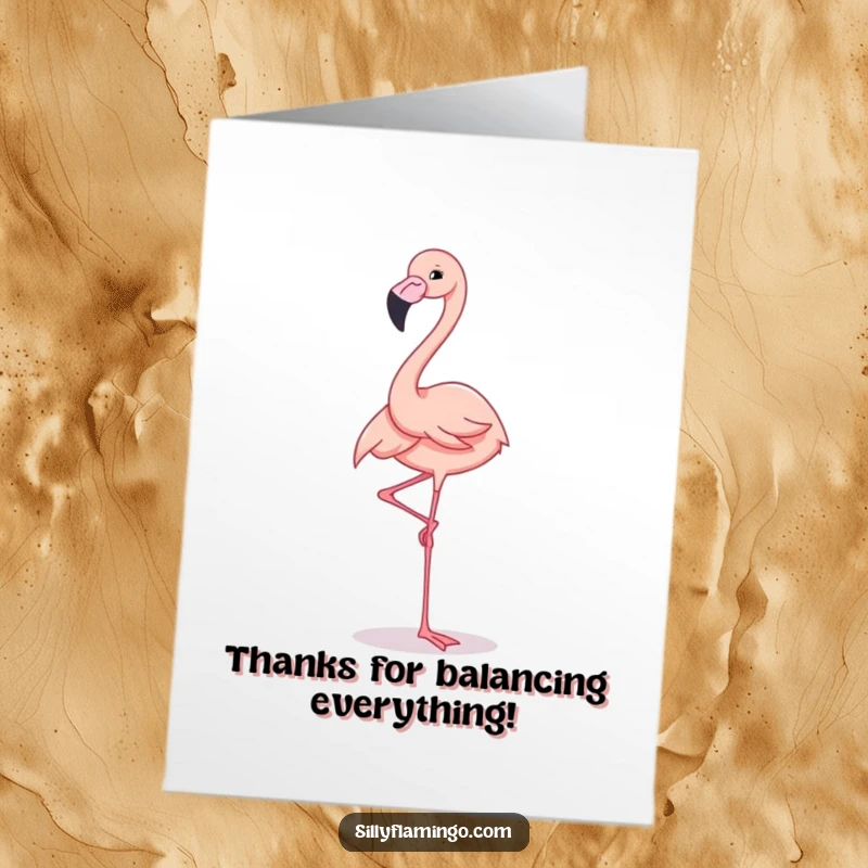 Funny free printable thank you card with a flamingo gracefully balancing on one leg, radiating cheerfulness.
