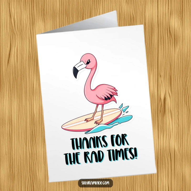 Funny Free Printable Thank You Card: A flamingo winks while surfing, expressing cheerful gratitude.