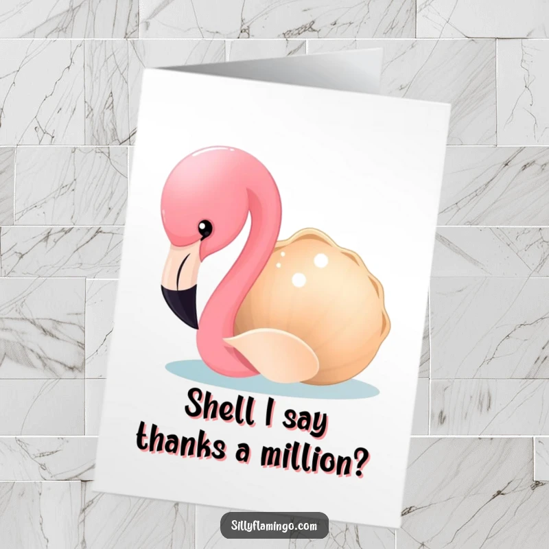 Funny Free Printable Thank You Card showcasing a flamingo's curious nature with a shimmering seashell, perfect for expressing thanks