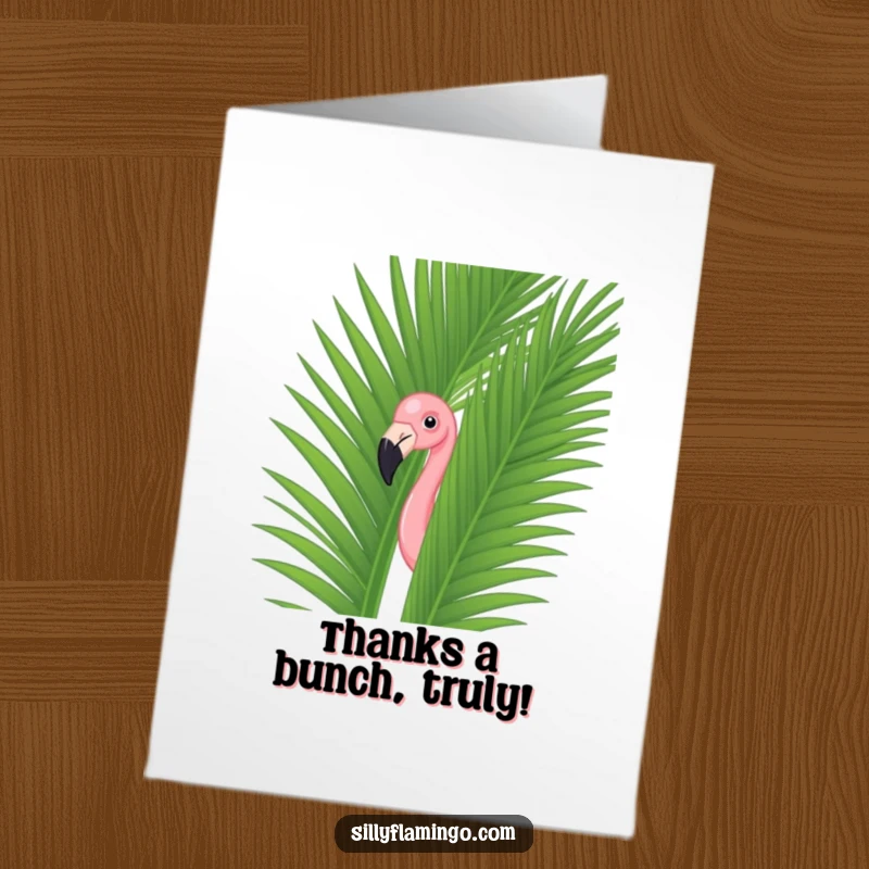 Funny Free Printable Flamingo Thank You Card: A flamingo with a mischievous grin emerges from a palm leaf, saying thanks.
