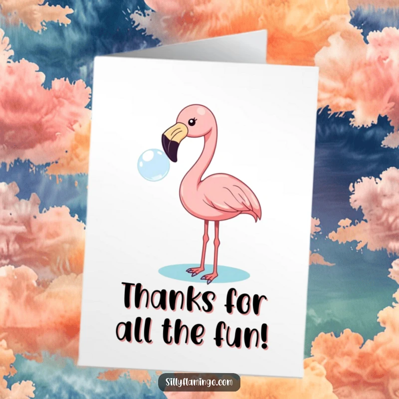 Funny Free Printable Thank You Card: A cheerful flamingo blows a bubble, expressing thanks in a lighthearted way.