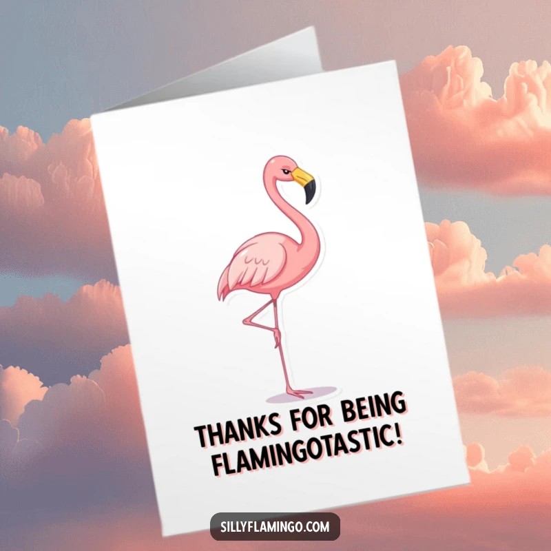 Funny Free Printable Thank You Card: A cheerful flamingo elegantly balancing on one leg.