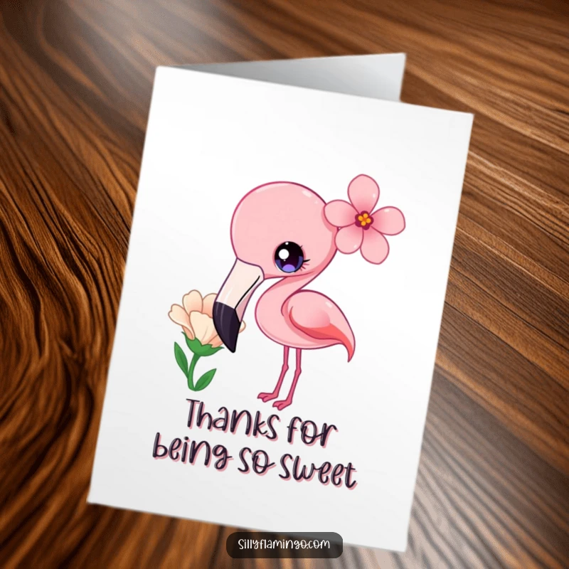 Funny Free Printable Thank You Card: Kawaii flamingo with bright eyes, curiously tilting its head at a flower, gentle.