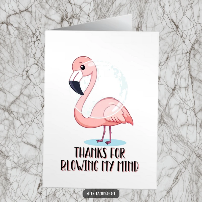 Funny Free Printable Thank You Card: Flamingo humorously attempting to blow a massive bubble, a sticky surprise.